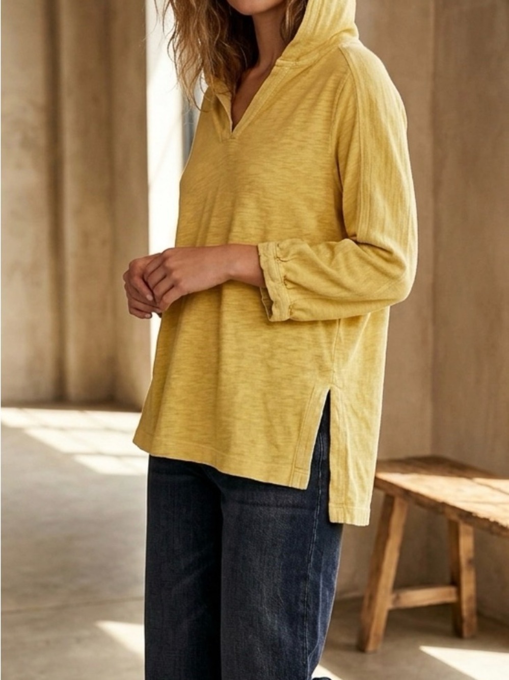 Soft Surroundings 100% organic Cotton Hooded Split-Side Pullover in yellow